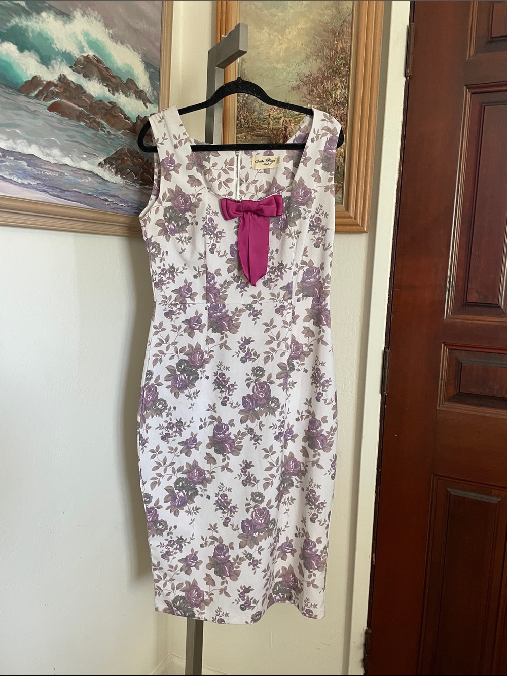 Bettie Page White Dress with Lavender Floral Print and Magenta Bow